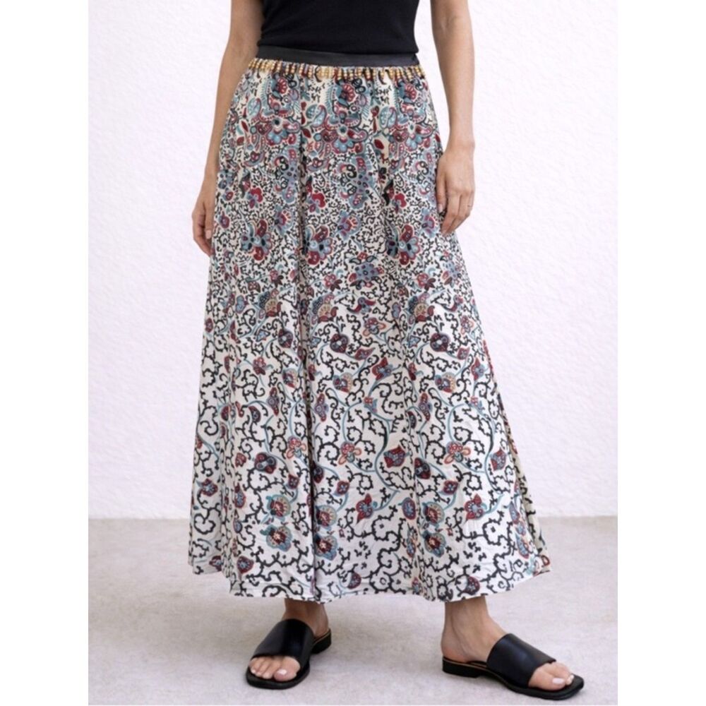 Coldwater Creek Size Medium Maxi Skirt Beaded Trim Peasant Boho Black Red Aqua